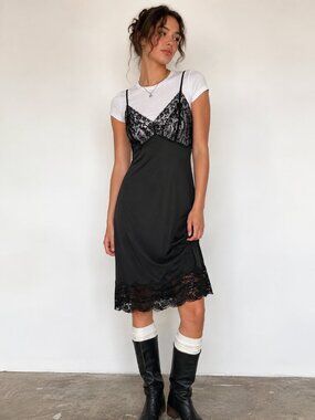 Vintage Babydoll Slip Dress Sheer Black Lace Soft Grunge Whimsygoth Size L